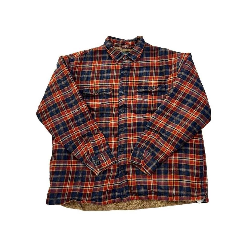 G.H. Bass & Co. Sherpa Lined Plaid Flannel Button-Up Shirt XXL Red Orange Navy